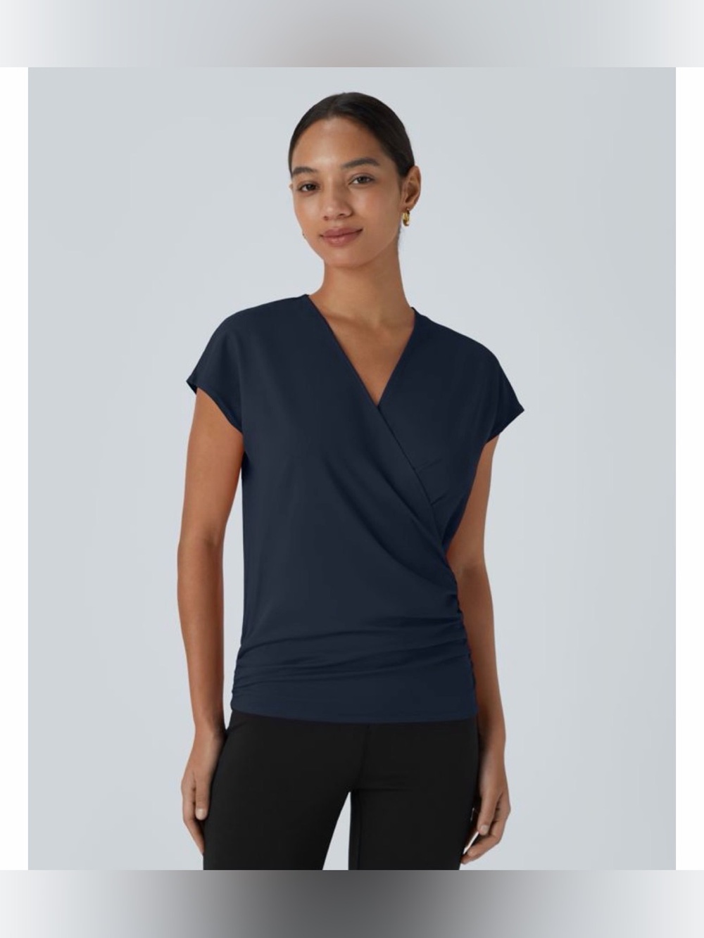 Halara. Navy V-Neck Cap Sleeve Crossover Ruched Solid Work Blouse. Size Large
